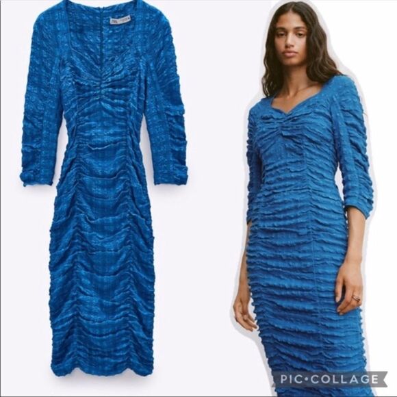 Zara blue ruched textured dress - Picture 4 of 12